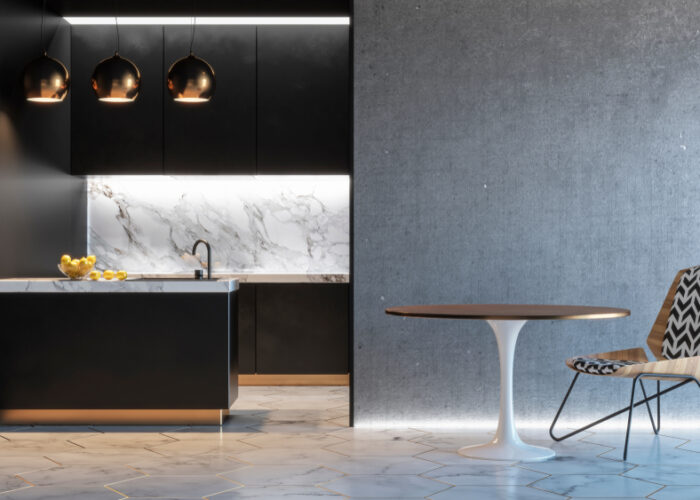 Kitchen,Black,Minimalistic,Interior,With,Table,Chair,Lamp,Marble,Floor